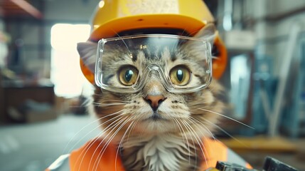 Cat in construction gear. Building site cat with hard hat and safety glasses - 791164756