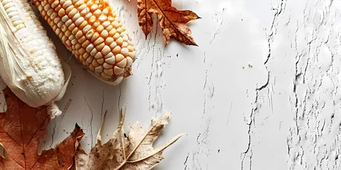 Fotobehang Vibrant Ear of Corn on Cob Art Background with Leaves and Copy Space © netsign