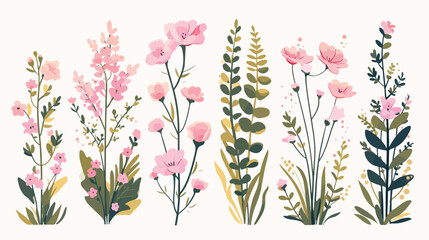 Collection of hand drawn pink flowers ferns and suc - obrazy, fototapety, plakaty