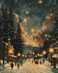 Festive Vintage Winter Street Scene Painting with People Walking in Snow: New Years Eve Celebration in a Snowy Country Town