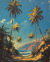 Vibrant Art Depiction of Californian Beach with Palm Trees