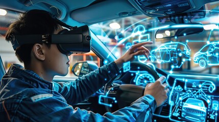 Automotive Engineer Use Virtual Reality Headset for Virtual Electric Car 3D Model Design Analysis and Improvement. 3D Graphics Visualization Shows Fully Developed Vehicle. copy space.