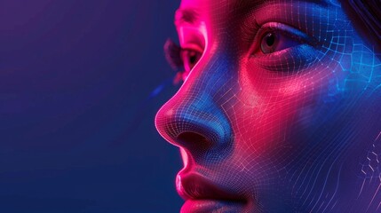 Face detection. Technological 3d Scanning. Future. Biometric facial recognition. Face Id. Technological scanning of girl face. Biometric. Security system. Woman with modern gadget