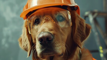 Dog in construction safety gear