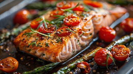 Baked salmon garnished with asparagus and tomatoes with herbs. copy space for text.