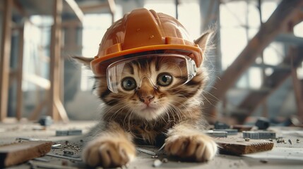 Kitten in construction gear. Cute cat safety background. - 791165308
