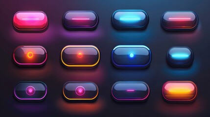 Futuristic Flat Button Set Glowing in Neon Colors on a Dark Background
