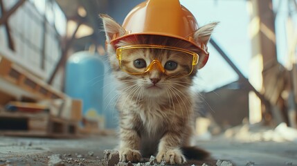 Kitten in construction gear. Cute cat safety background. - 791165353