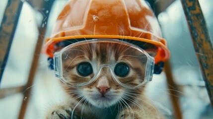 Kitten in construction gear. Cute cat safety background. - 791165503