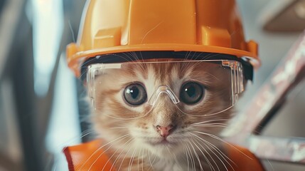 Kitten in construction gear. Cute cat safety background.