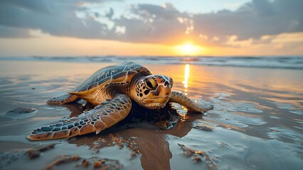 Conservation challenges highlighted as endangered sea turtle protects nest on polluted beach. Concept Wildlife Conservation, Sea Turtles, Endangered Species, Pollution, Habitat Destruction
