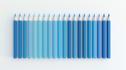 Blank mockup of a set of pencils in various shades of blue arranged to create an ombre effect. .