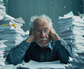 Elderly man feeling overwhelmed, pondering a pile of work 🤯📚 Seeking clarity and peace amidst the chaos of tasks. #StressfulMoments 🧠💭