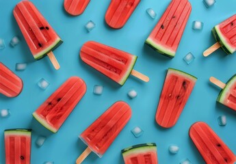 Watermelon Popsicles on a Blue Background