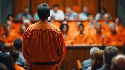 Court of Law and Justice Trial Proceedings: Law Offender in Orange Jumpsuit is Questioned and Giving Testimony to Judge, Jury. Criminal Denying Charges, Pleading. copy space for text. - obrazy, fototapety, plakaty