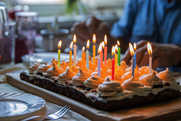 Birthday party at home. Closeup 15 colorful lit candles on the large homemade chocolate cake,...