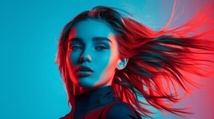 Fototapeta premium Fashion concept. Portrait of beautiful woman with flying hair in red and blue color split effect style. Futuristic looking style. Image contains motion blur. Model with happy facial expression