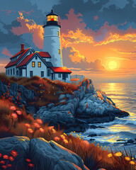Lighthouse Painting on Rocky Cliff, Vibrant Artwork, Maine, USA