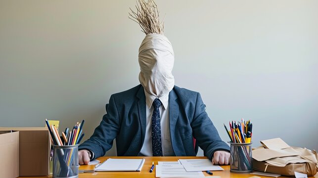 A businessman in a suit, face obscured at the desk 🕴️💼 Capturing the anonymity and stress of corporate life. #CorporateStruggle 🏢💻