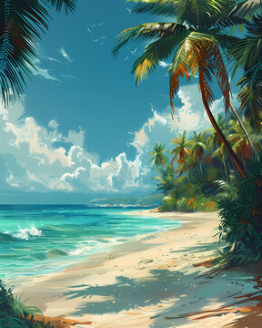 Colorful ocean beach scene painting with palm trees on sand, North America, Bahamas
