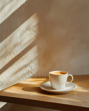 Neo-Concrete Minimalist Still Life: Coffee Mug and Plates, Drugcore Aesthetic, Provia Realism, Hyper-Realistic Water