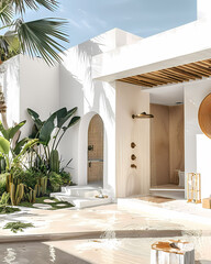 Minimalist Outdoor Garden Oasis: Tropical Plants, Cacti, Wooden Accents, White Walls, Concrete Floor, Beach House, Golden Hour Lighting, Architectural Digest Quality