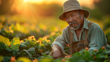 Tired farmer concept. Asian farmer is working in the field of tobacco tree, sitting and feeling quite bad, sick and headache.
 - obrazy, fototapety, plakaty