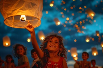 a little girl is holding a lantern in the air