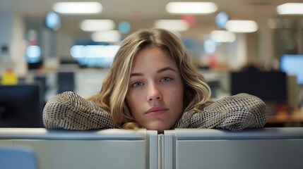 A pretty female office worker taking a break and looking over her cubicle.