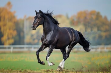 Obraz premium Black Horse Galloping in Field