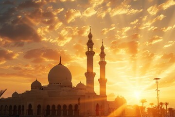 A mosque with two minaret silhouetted against a sunset sky