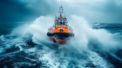 Rescue boat in blue ocean during stormy weather conducting a rescue. Concept Rescue Operation, Stormy Weather, Blue Ocean, Saving Lives, Emergency Response - obrazy, fototapety, plakaty