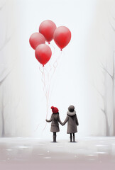 Boy and girl with heart shape balloon, retro silhouette illustration
