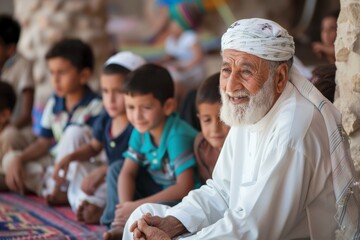 a man with a beard is sitting in front of a group of children