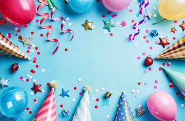 Colorful Party Hats and Streamers on a Blue Background
