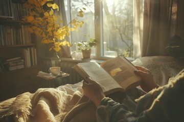 Person reclining on bed, reading book, framed by window overlooking tree outside