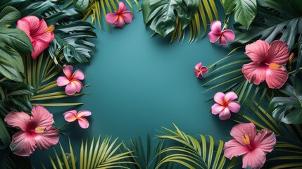 Blue Background With Pink Flowers and Green Leaves - obrazy, fototapety, plakaty