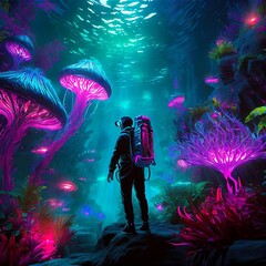 A captivating scene of an adventurous journey through an eerie underwater world, filled with bizarre creatures and vibrant colors