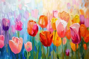 Abstract oil acrylic painting of colorful tulip field on canvas