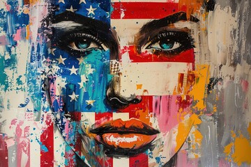 Abstract painting illustration of woman face with american flag