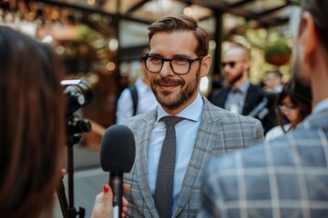 Obraz premium Businessperson politician interview on street political advertisement ad campaign upcoming elections cameras recording microphones ask questions journalists media coverage reporters live stream