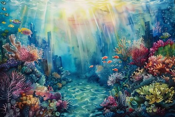 Fototapeta na wymiar Capture the tranquility of a serene underwater cityscape featuring intricate coral reefs, vibrant marine life, and sunbeams piercing through the water, using vivid watercolors