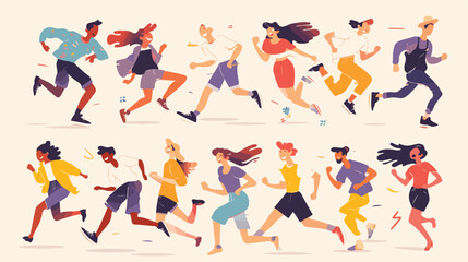Collection of joyful running men and women dressed
