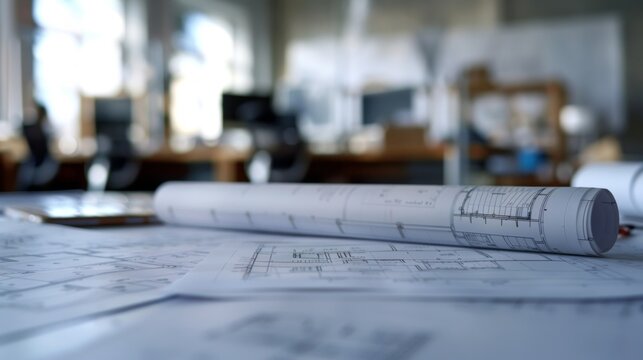 Blurred blueprints come to life A candid snapshot of an architects work in progress with outoffocus blueprints forming the backdrop to a bustling desk. The subtle blur hints at the .