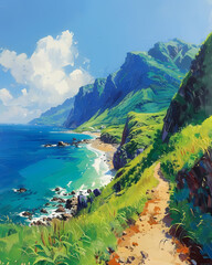 Taiwan East Asia Beach Mountains Landscape Art Painting Vibrant Colors Scenic View