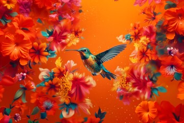 a happy hummingbird in an orange background