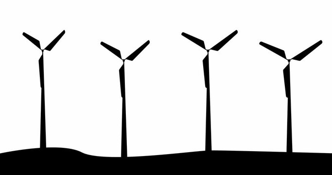 Group of Animated wind generators on white background. Silhouette wind turbines . Alternative renewable electricity generation. Motion design of windmill symbol. Eco concept for infographic