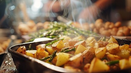 Roasted potatoes and asparagus on white plate - obrazy, fototapety, plakaty