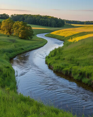 Green Field River Scene, Vibrant Art, Iowa, USA
