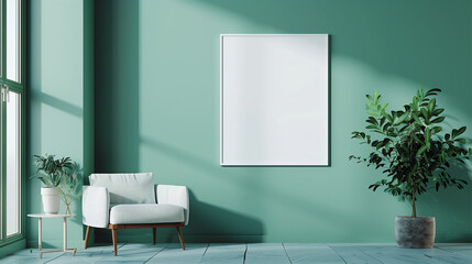 Living room in minimalist style, Billboard isolated on green wall, mock-up space for promotion